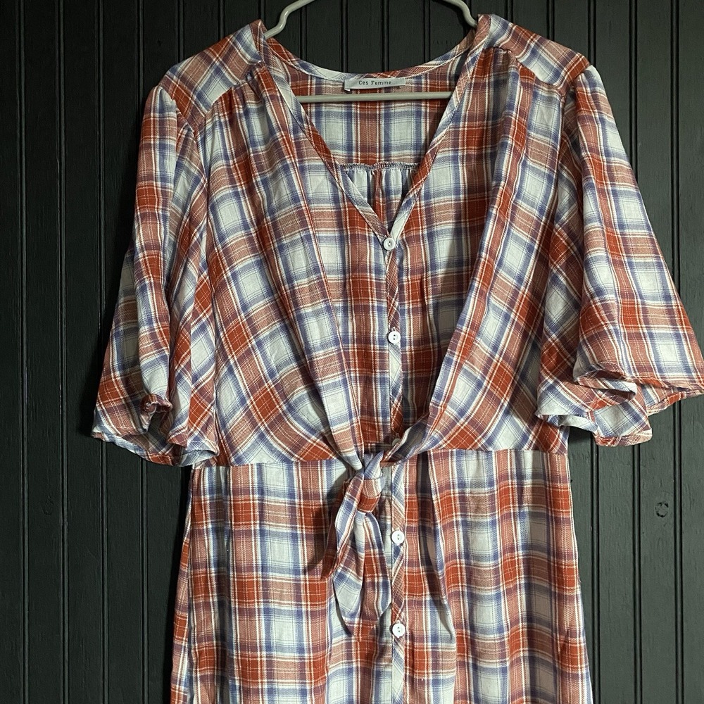 Ces Femme Plaid Button Front Midi Dress 100% Cotton Red White Blue Size M DT5033